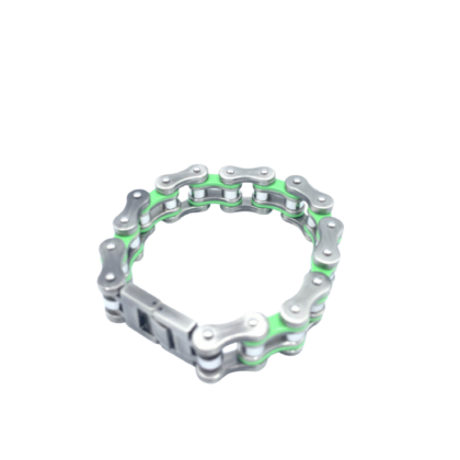 Mens Large Stainless Steel Bike Chain Bracelet in Silver and Green