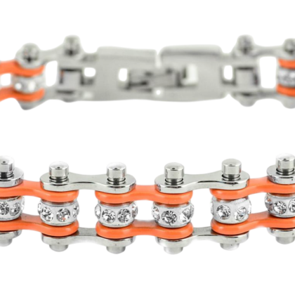 Womens Mini 3/8 in Stainless Steel Bike Chain Bracelet in Orange-Silver